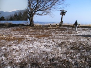 霜柱に敷きつめられた棒ノ折山頂（左上は黒山から望む富士山頂）